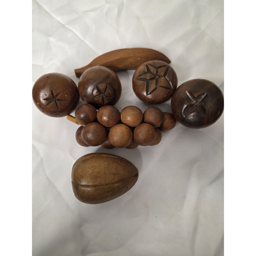 Vintage~Monkeypod 8 Piece~Carved Wooden Fruit Set~1960's